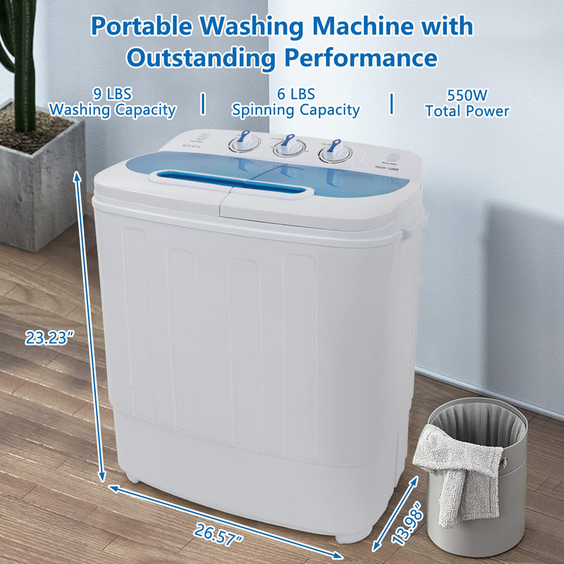 ROVSUN 26lbs Compact Twin Tub Portable Washing Machine, Mini Washer(18lbs)  & Spiner(8lbs) / Built-in Drain Pump/Semi-Automatic for Camping