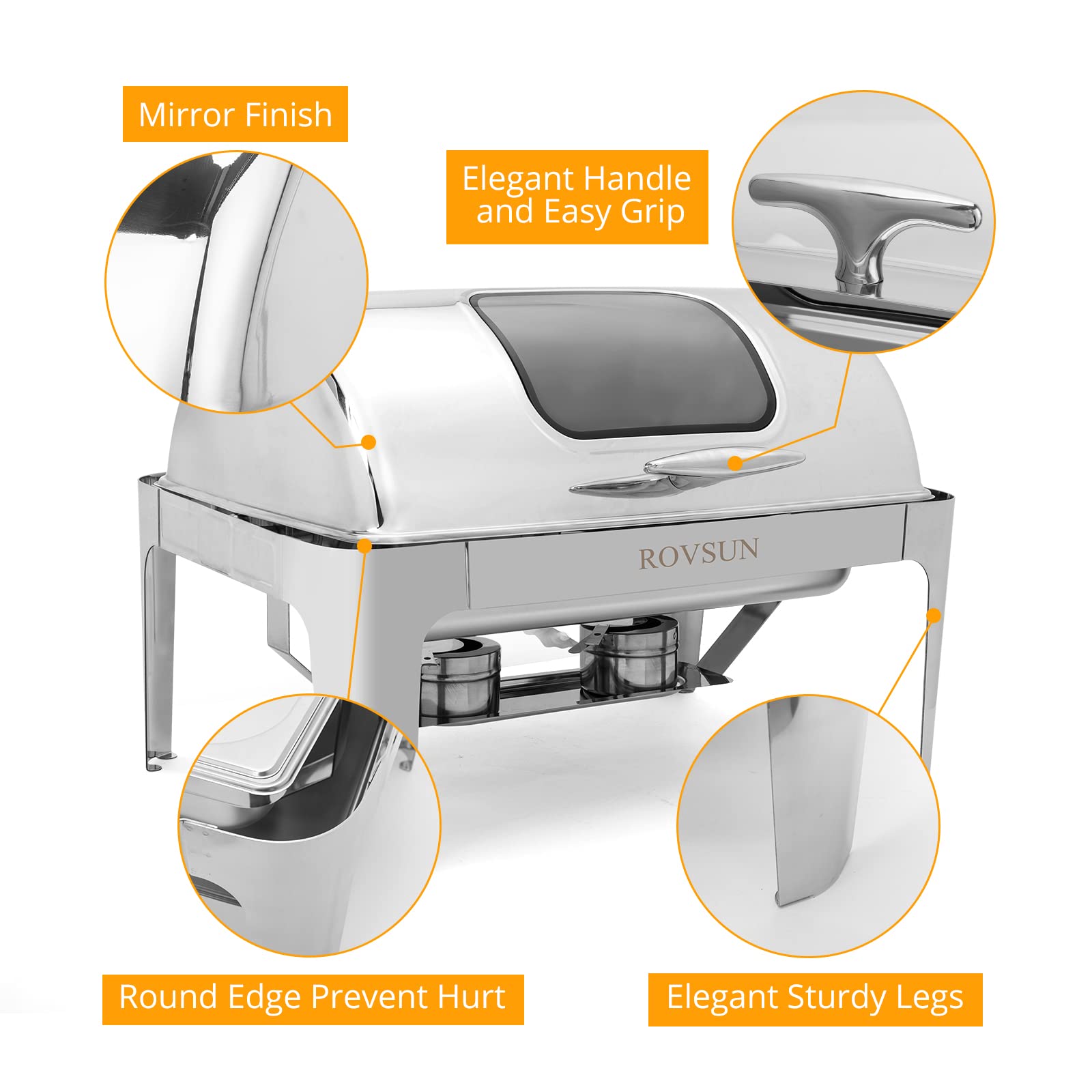 ROVSUN 9 QT Roll Top Rectangle Chafing Dish Buffet Set with 2 Half Size Pan & Glass Window