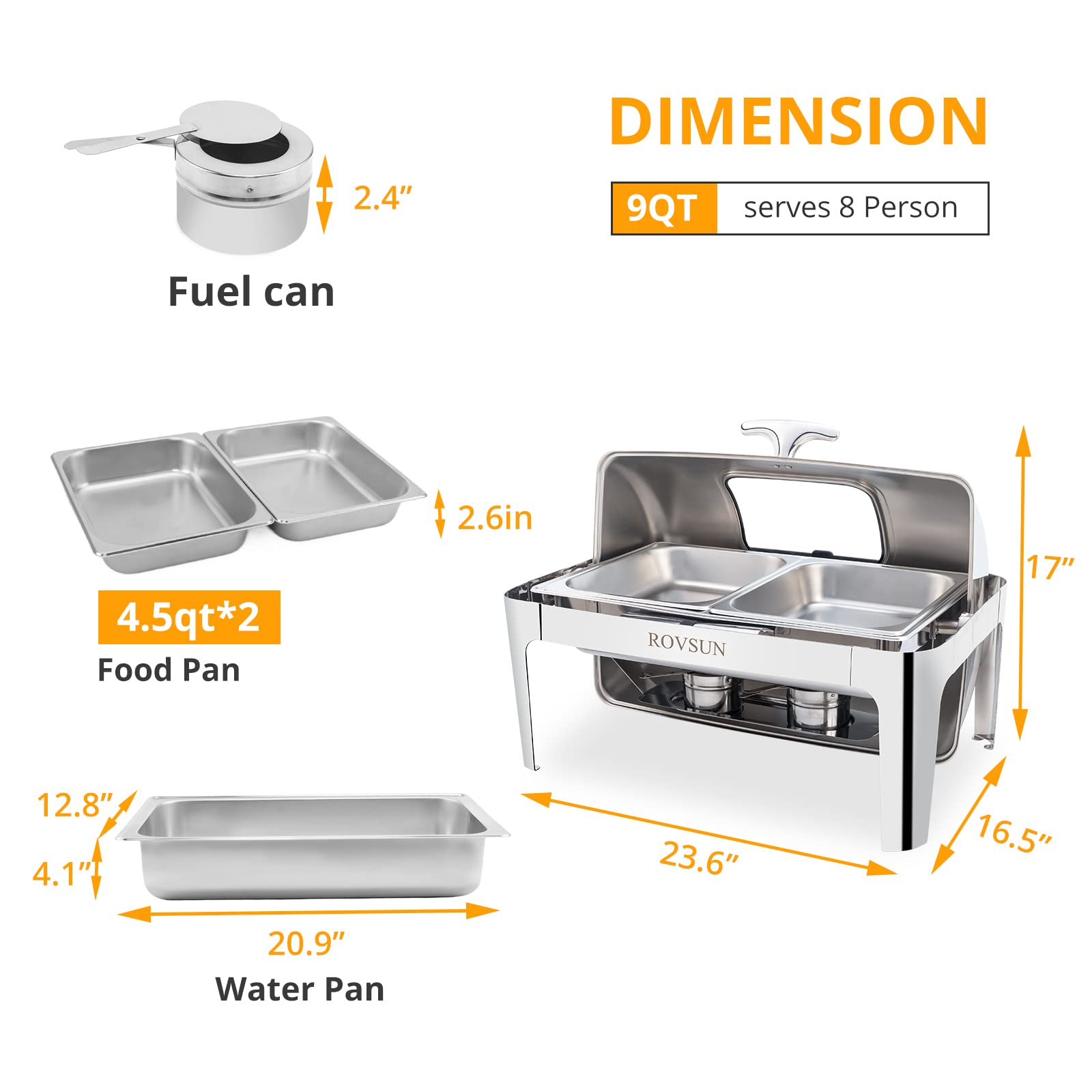 ROVSUN 9 QT Roll Top Rectangle Chafing Dish Buffet Set with 2 Half Size Pan & Glass Window